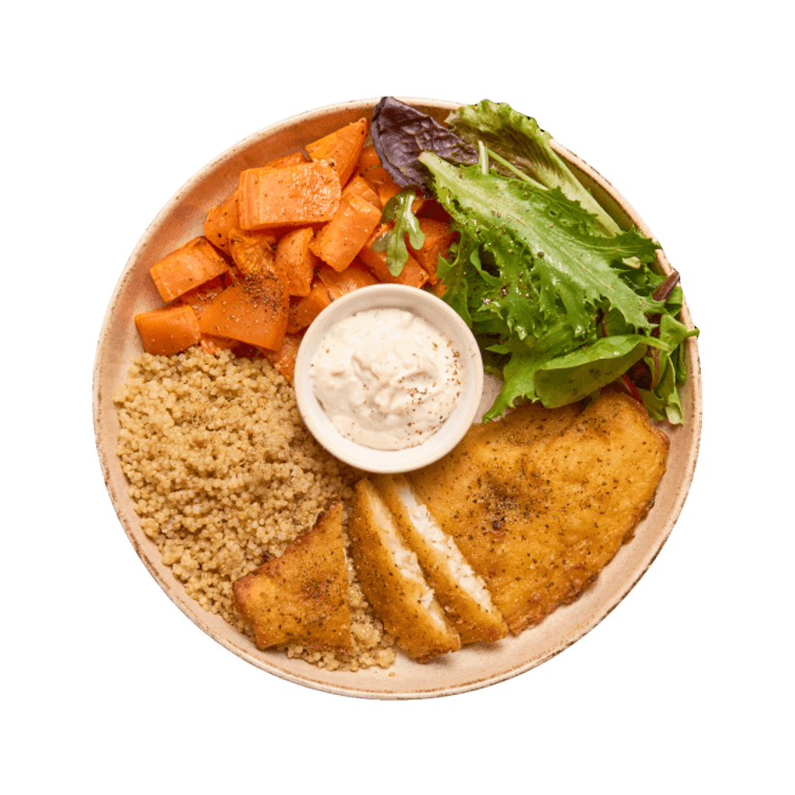 Bowl poisson pané, patates douces & quinoa