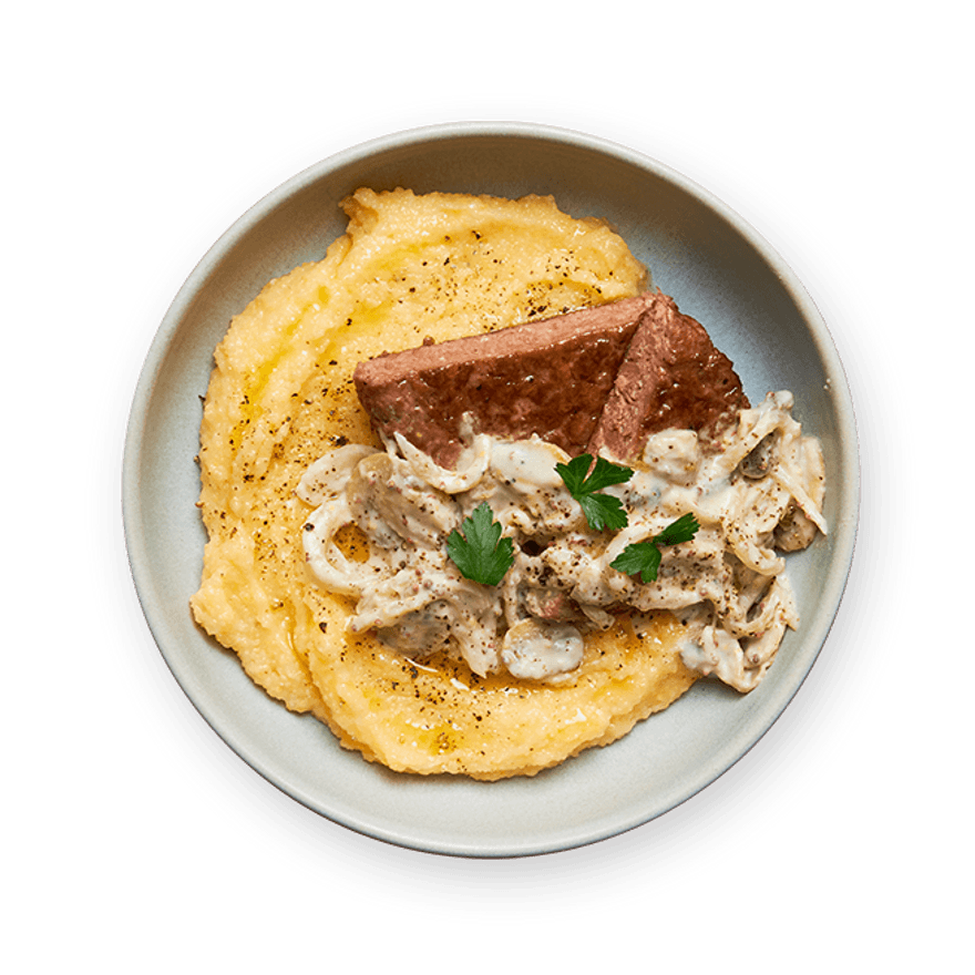 Steak végé, crème de champignons & polenta