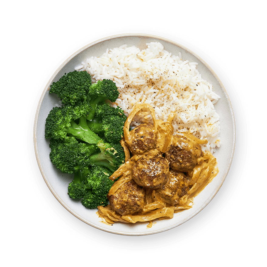 Coconut curry meatballs with rice & broccoli