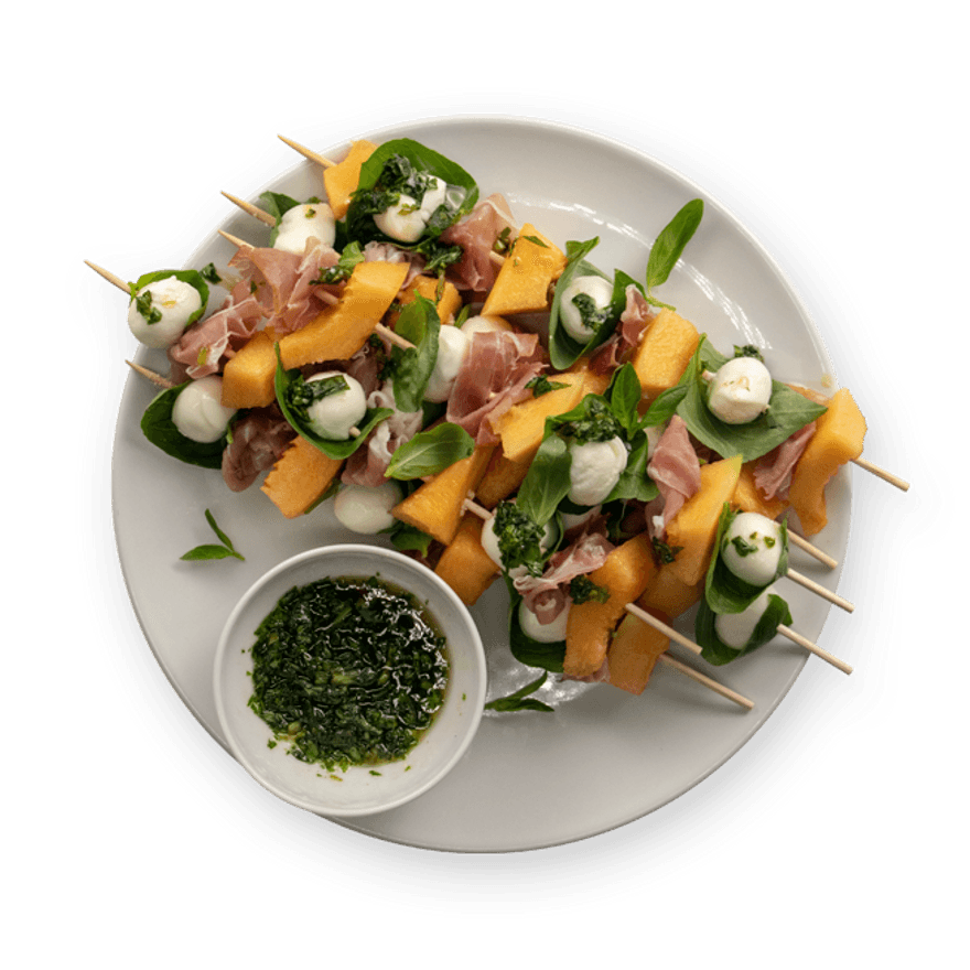 Brochettes apéritives melon, jambon, romarin - Recette Ptitchef