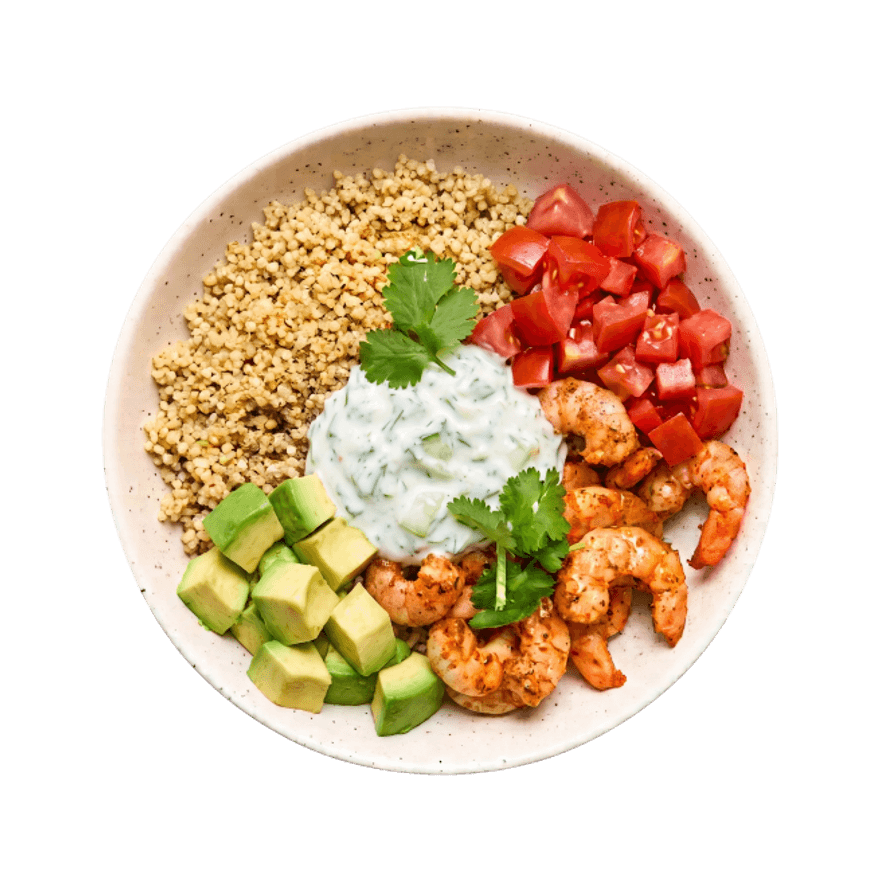 Bowl crevettes, quinoa & tzatziki