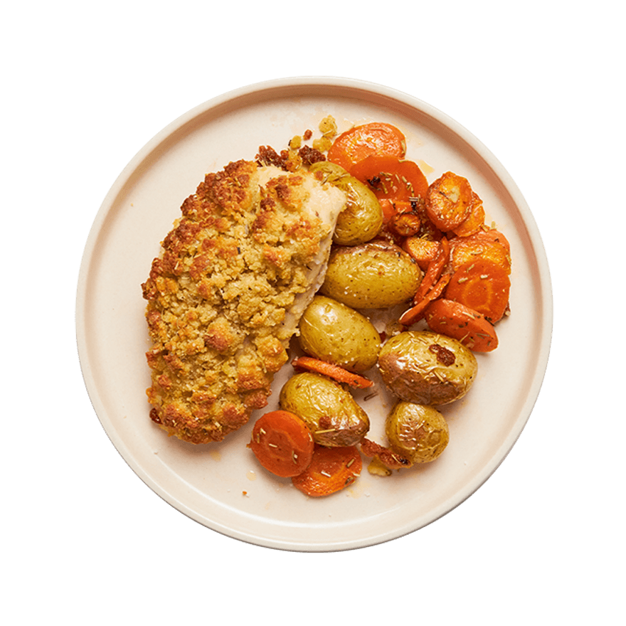 Poulet en croûte de parmesan & légumes rôtis