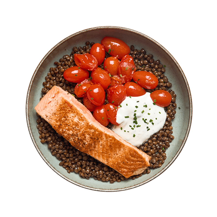 Bowl saumon, lentilles & tomates confites