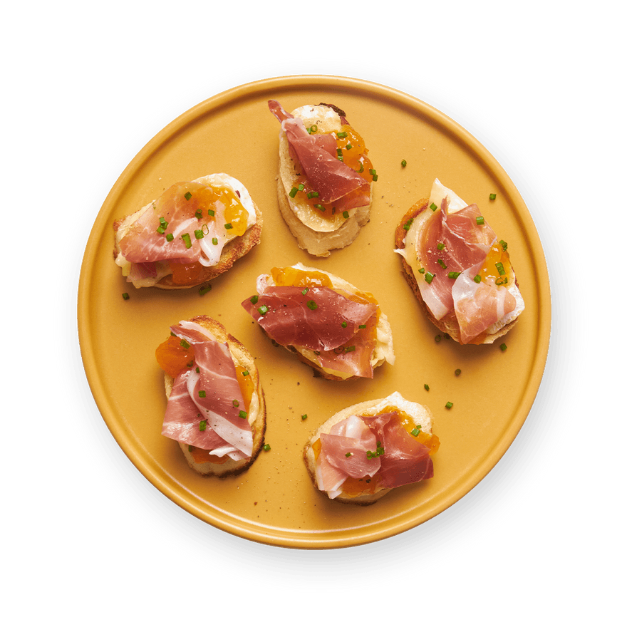 Crostini brie, abricot & jambon de parme