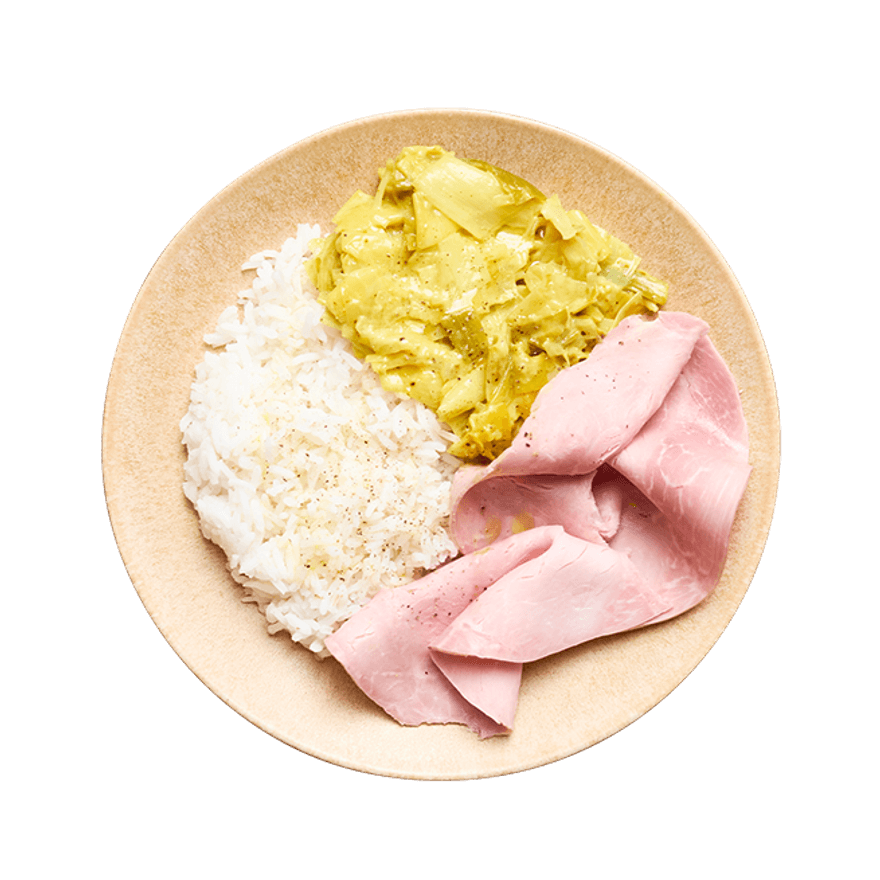 Jambon, fondue de poireaux au curry & riz