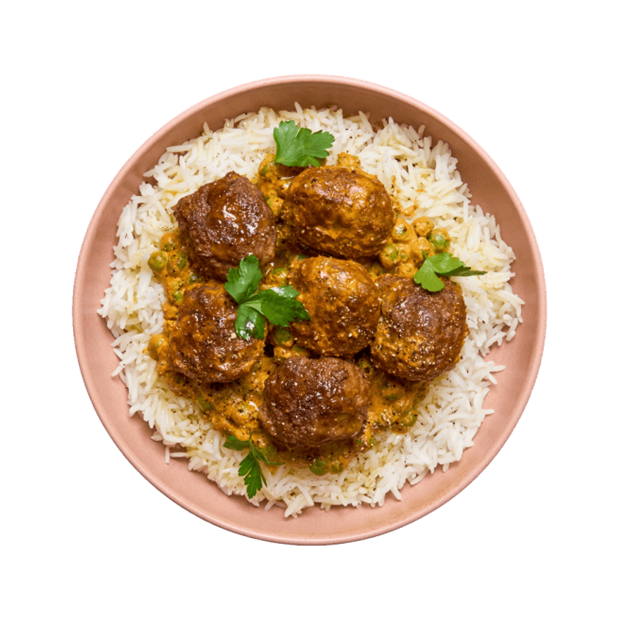 Curry aux boulettes, petits pois & riz