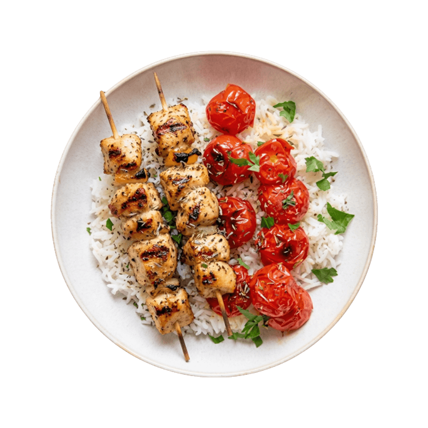 Brochettes de poulet, tomates cerises rôties & riz