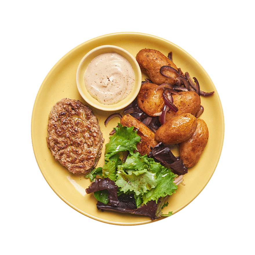 Haché de veau, pommes de terre & sauce au poivre