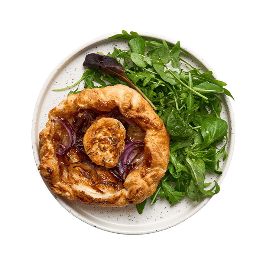 Tartelettes aux oignons, chèvre, figue & salade