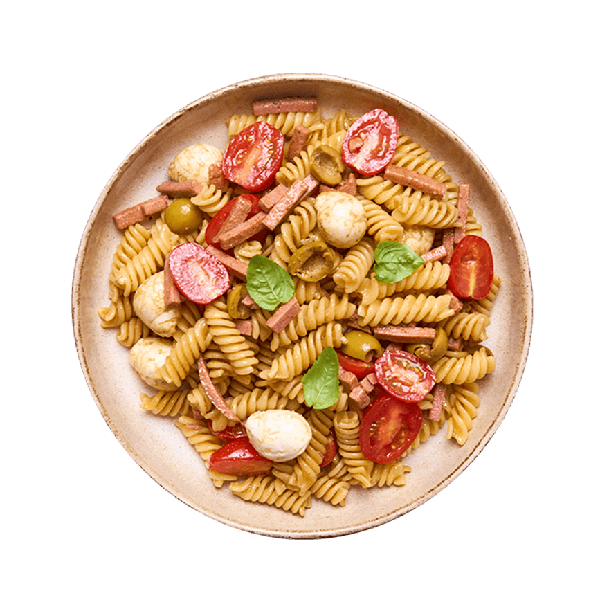 Salade de pâtes, mozza & allumettes végé