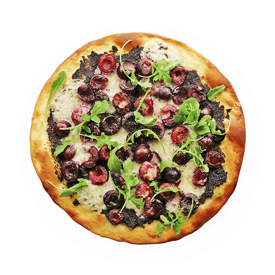Pizza cerise, tapenade & tomme