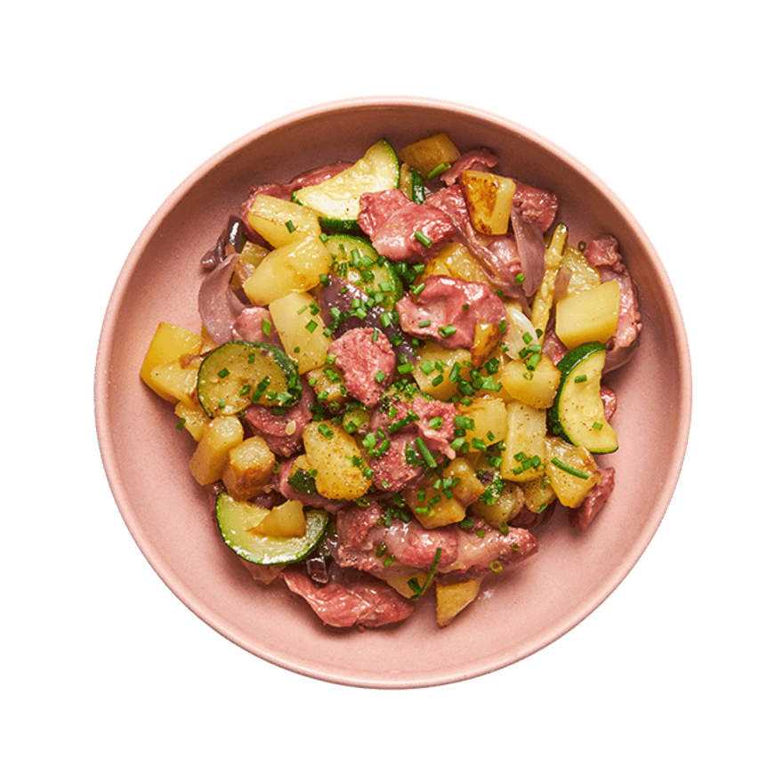 Poêlée de pommes de terre, courgettes & gésiers