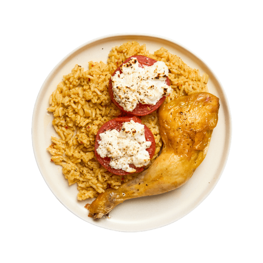 Cuisses de poulet, tomates rôties & riz