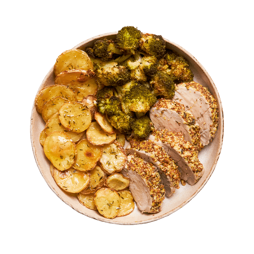 Mustard Pork Tenderloin, Crispy Potato Rounds & Broccoli