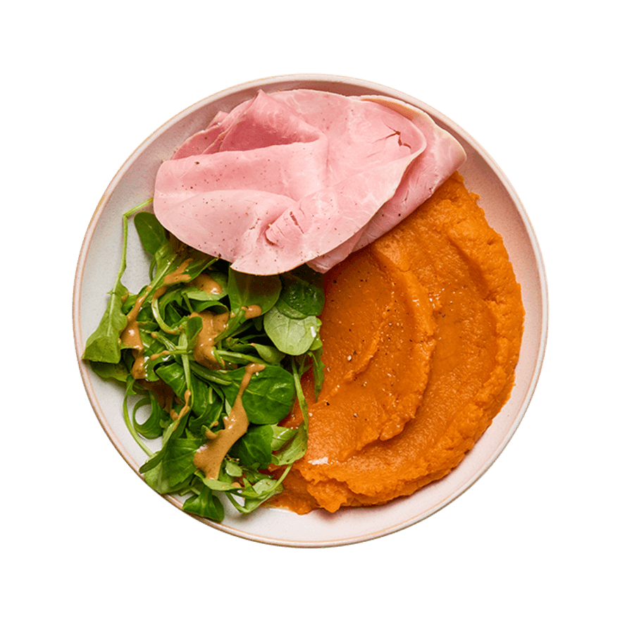 Jambon, purée de patates douces & salade