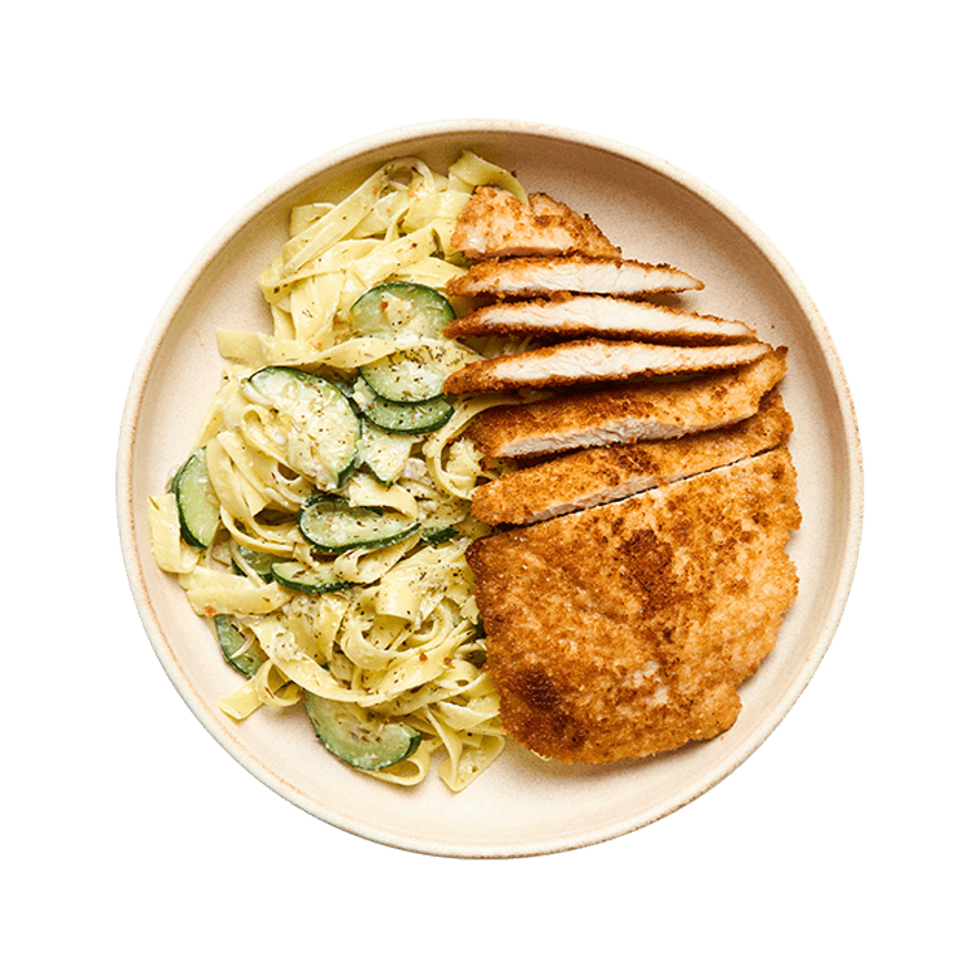 Escalope milanaise & tagliatelle crémeuses aux courgettes