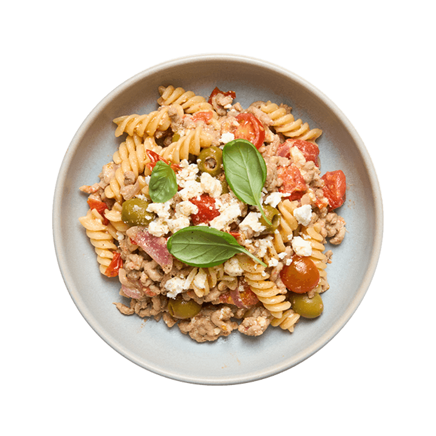 Fusilli au veau haché, tomates cerises & feta