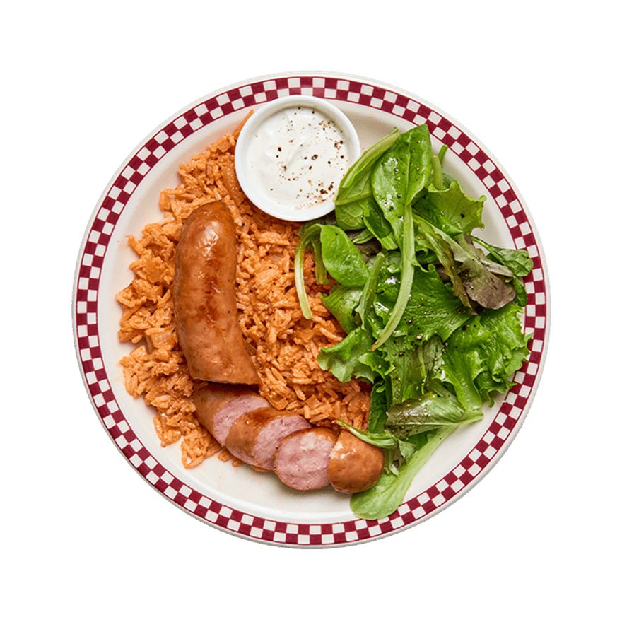 Saucisse fumée, riz à la tomate & salade