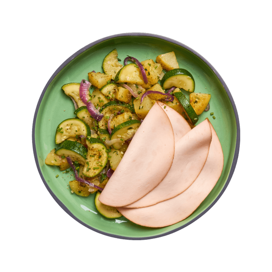 Jambon de poulet, poêlée de pommes de terre & courgettes