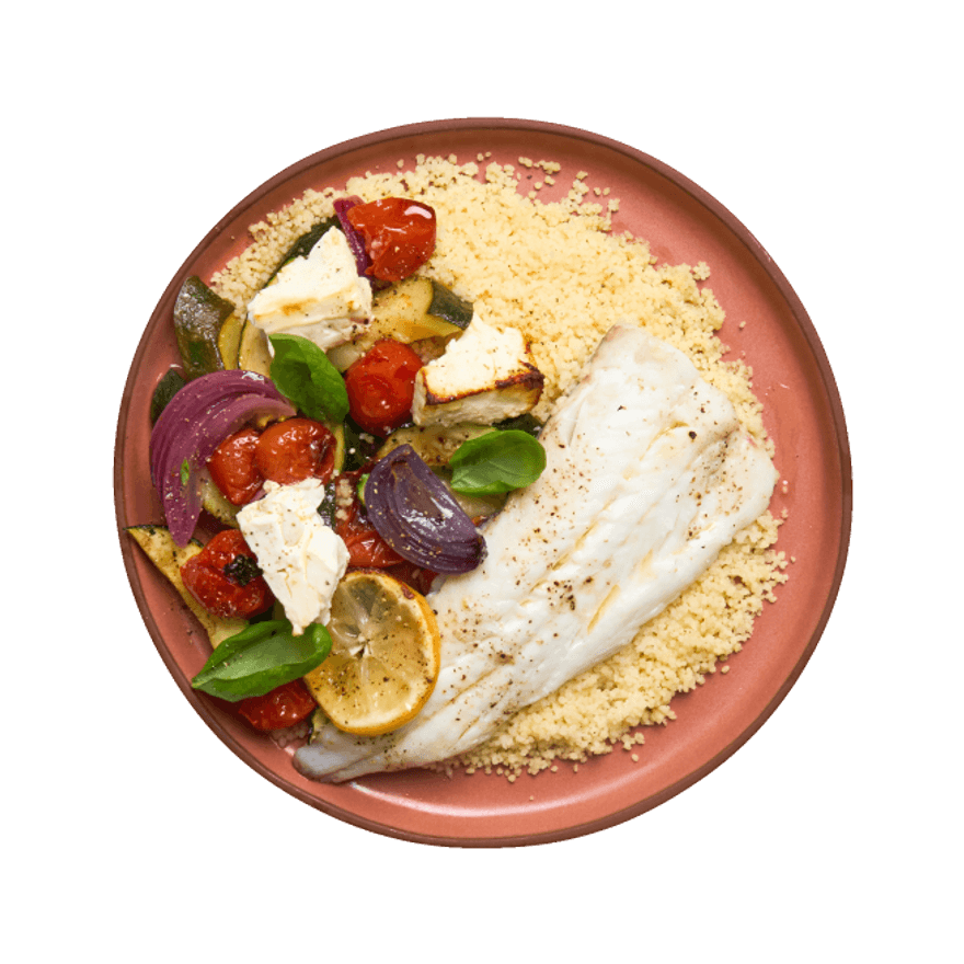 Merlu, feta & légumes d'été rôtis