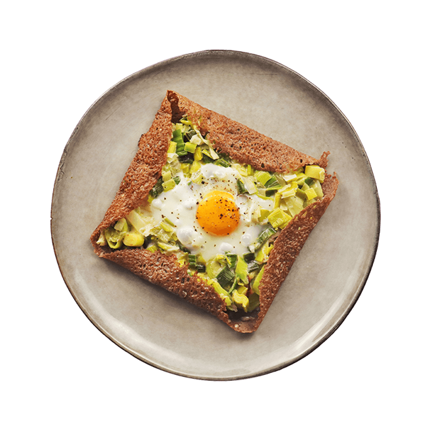 Galette fondue de poireaux & œuf miroir