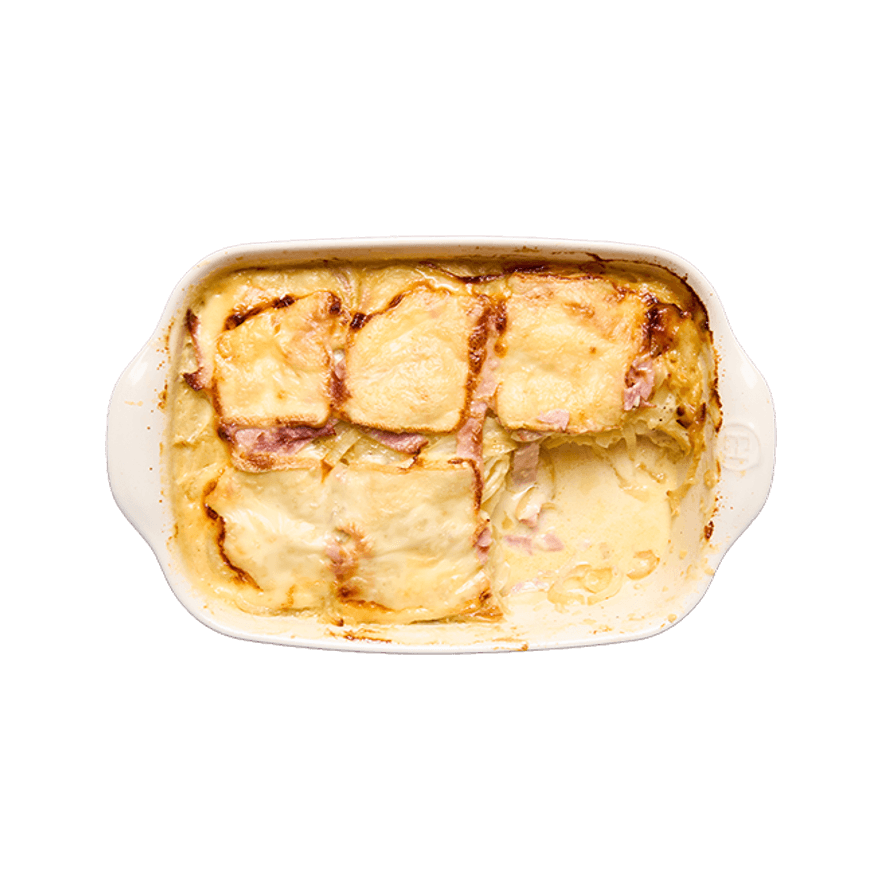 Gratin pommes de terre, jambon & raclette