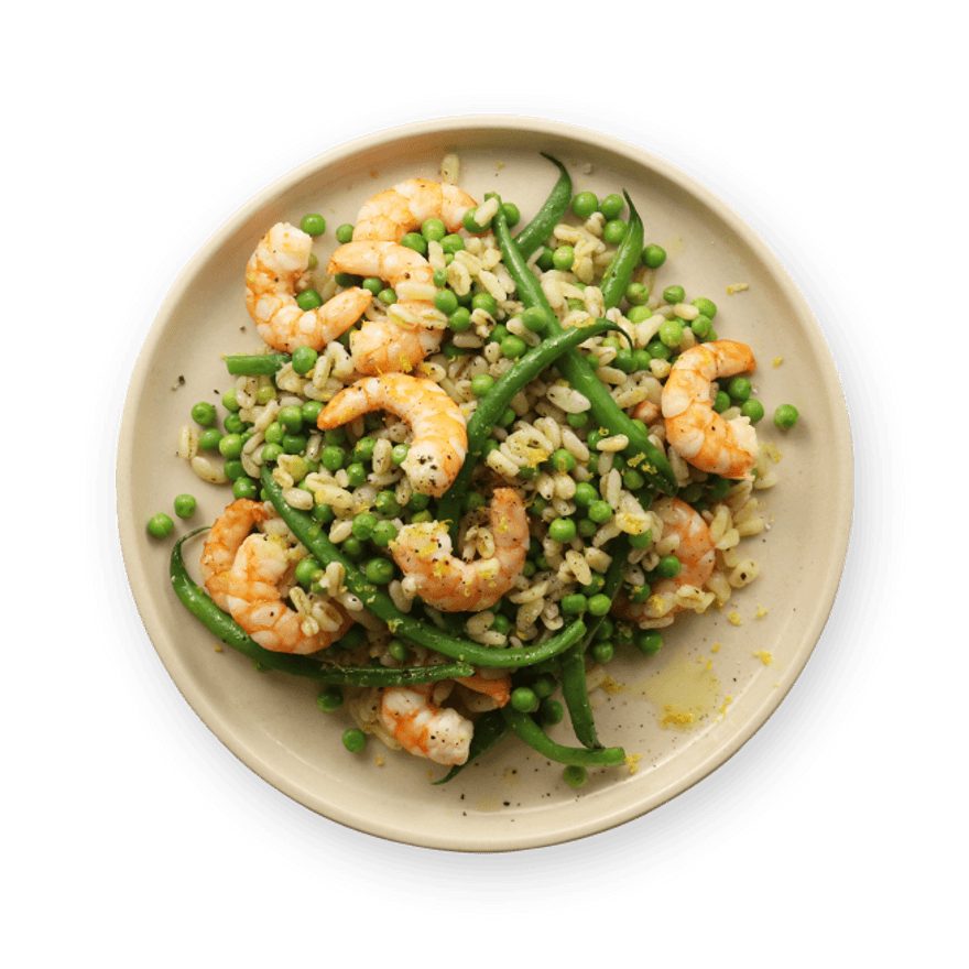 Shrimp, string beans, and peas
