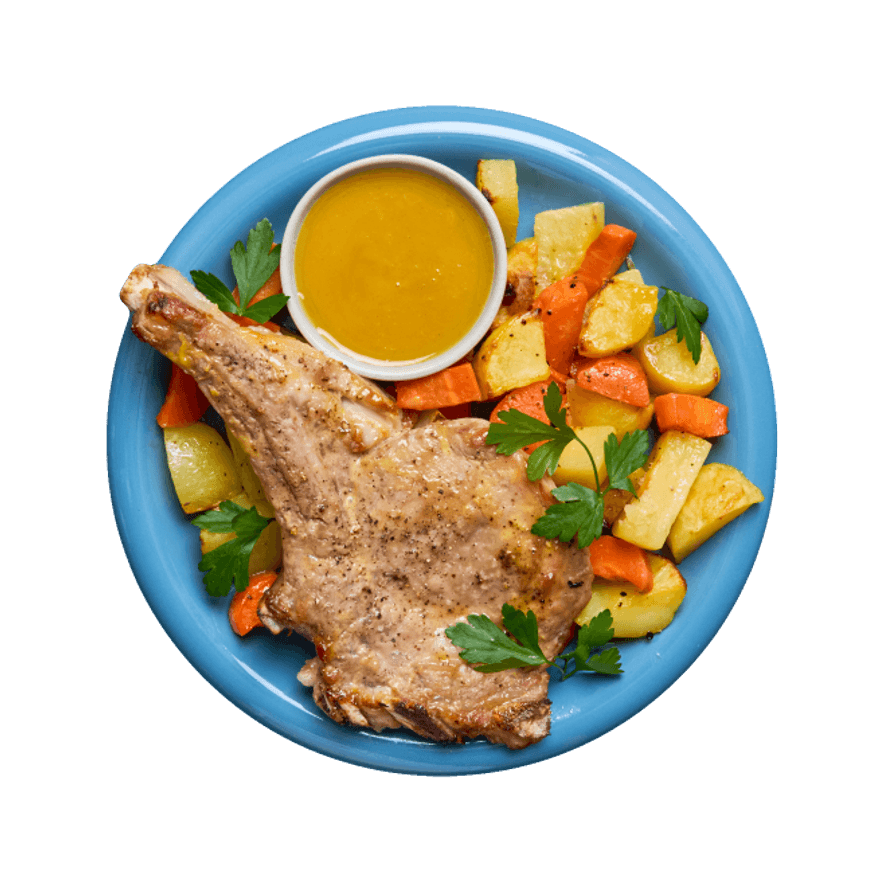 Côte de veau miel moutarde & légumes rôtis