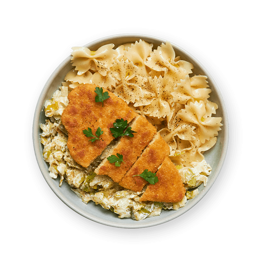 Escalope végé, fondue de poireaux & farfalle