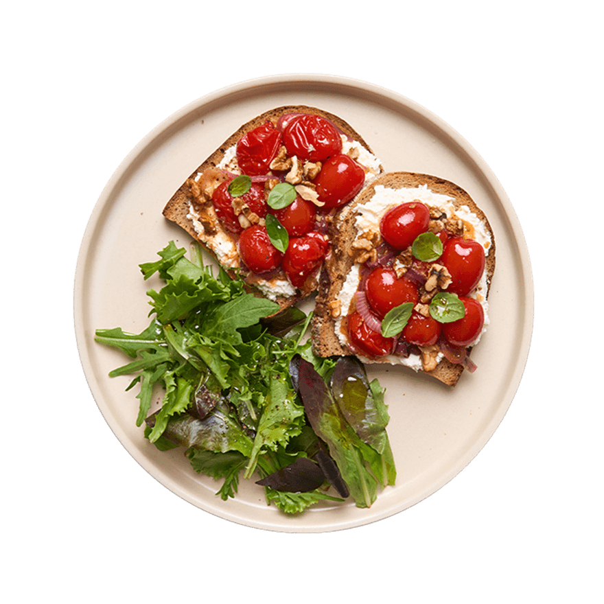 Tartines au fromage fouetté & tomates confites