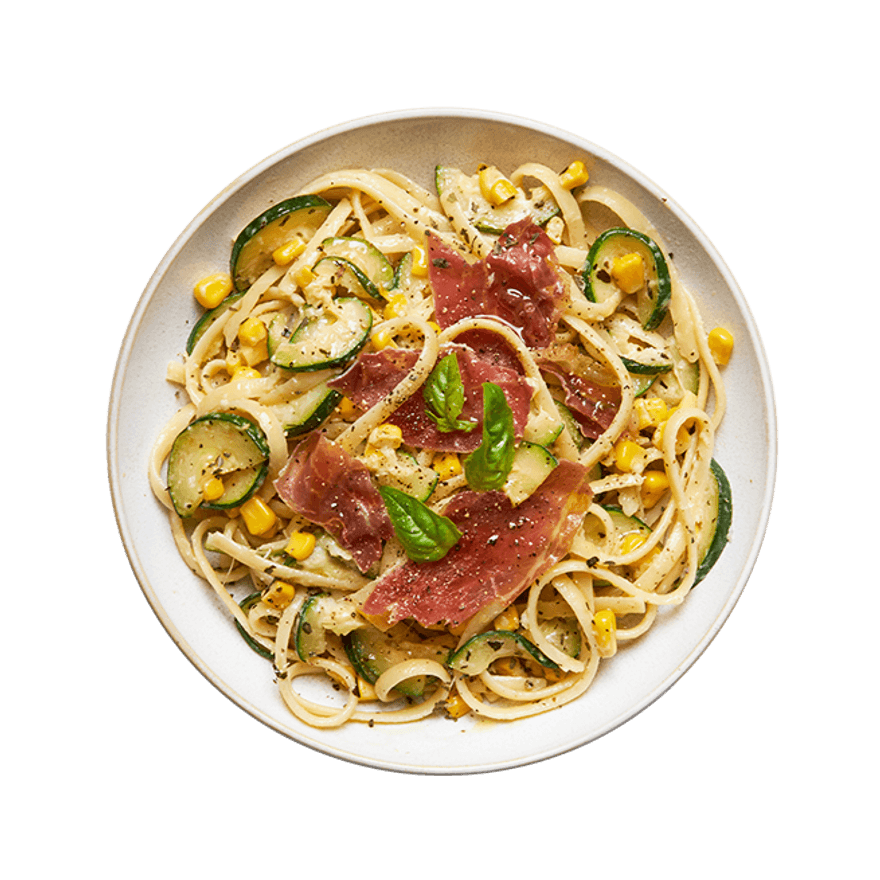 Pâtes au maïs, prosciutto & courgettes