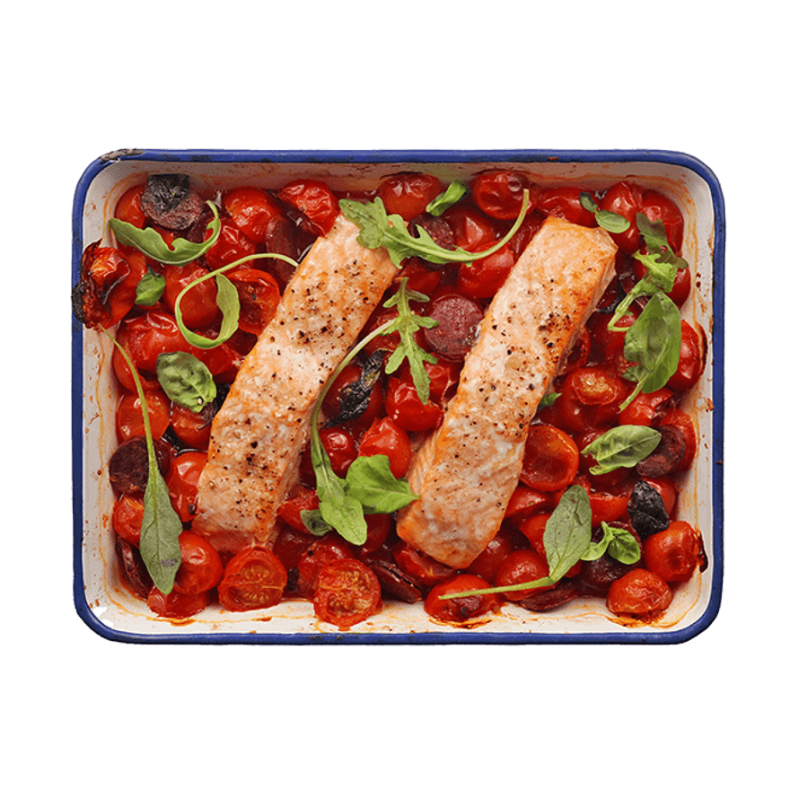 Saumon rôti, tomates & chorizo