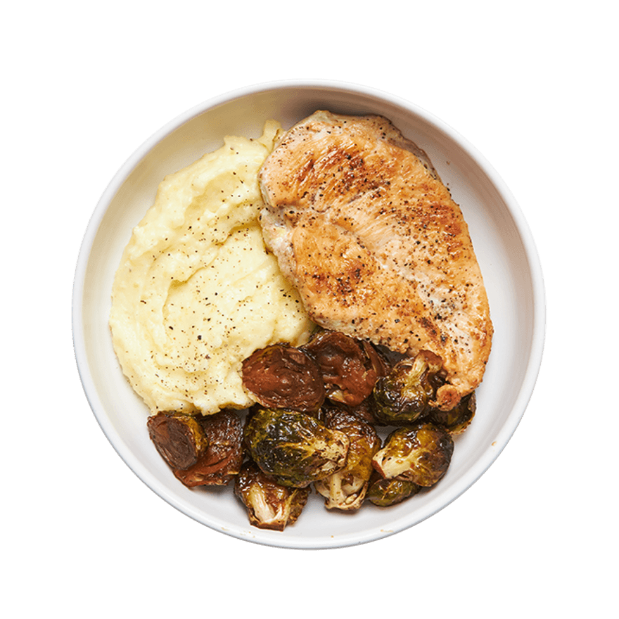 Poulet, purée & choux de Bruxelles au balsamique