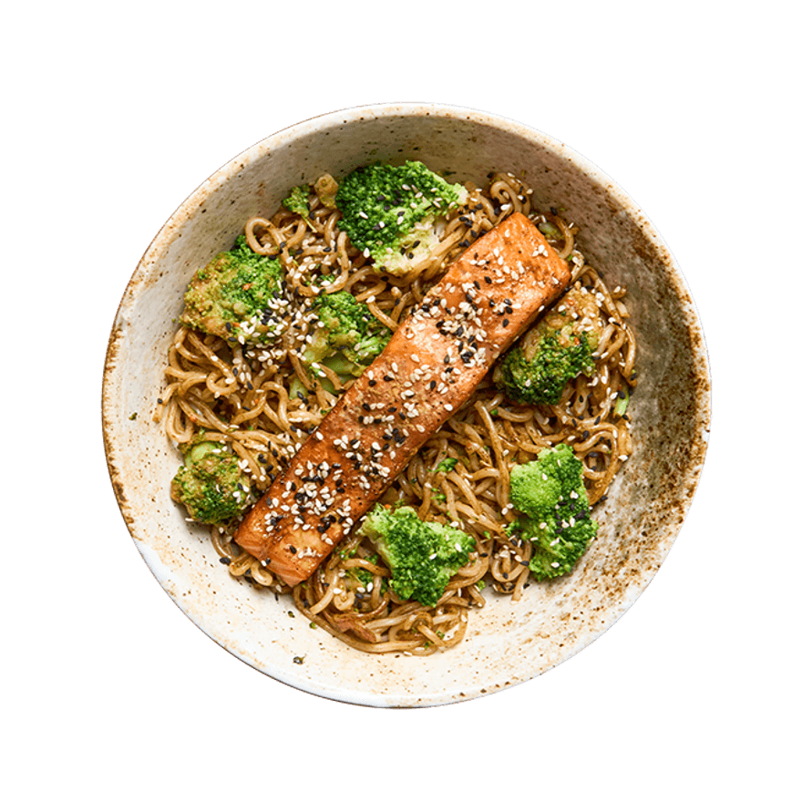 Nouilles au saumon, brocoli & sésame