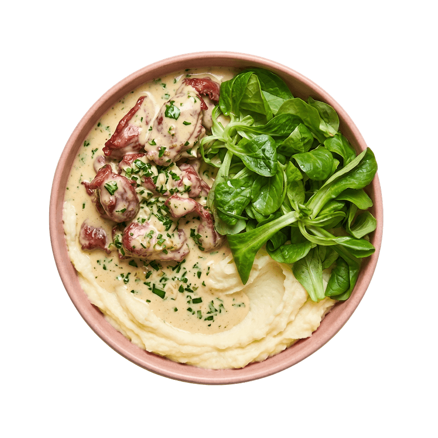 Gésiers à la crème, purée maison & salade