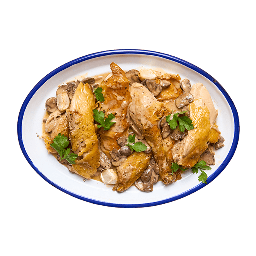 Poulet rôti, champignons & crème au comté