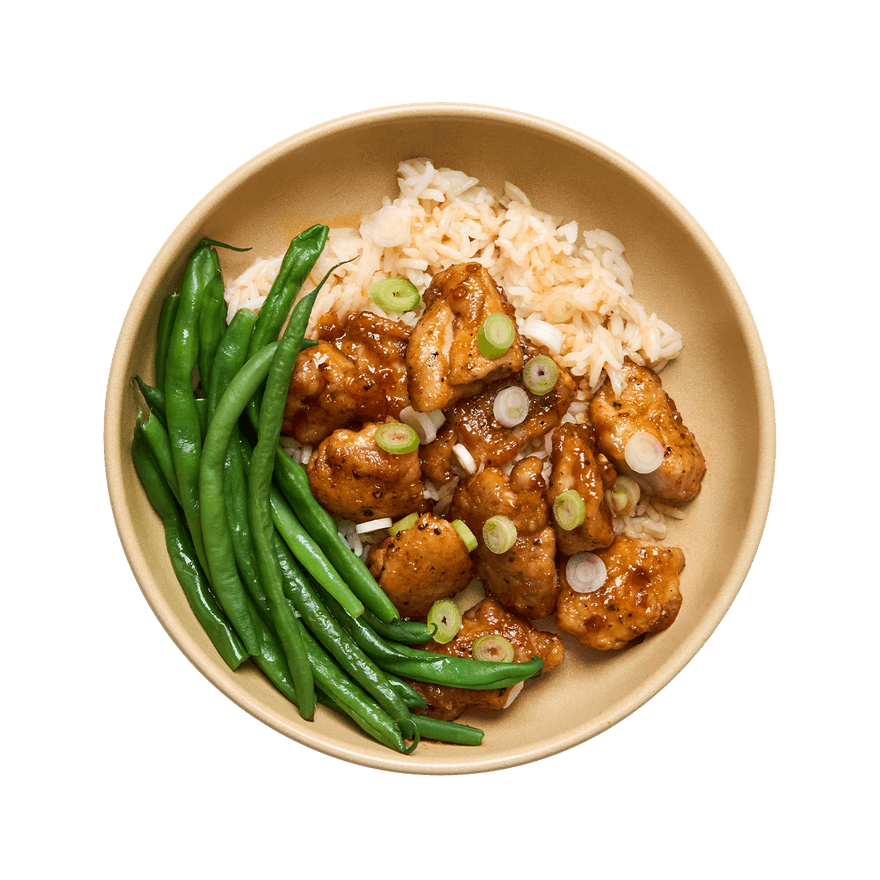 Poulet au sésame, haricots verts & riz