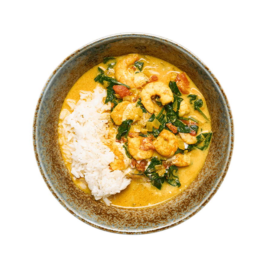 Curry de crevettes aux épinards & riz