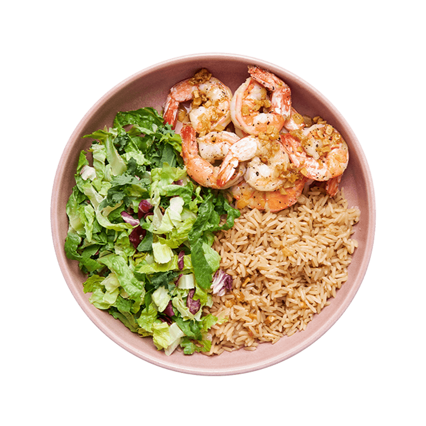 Crevettes à l'ail, riz & salade