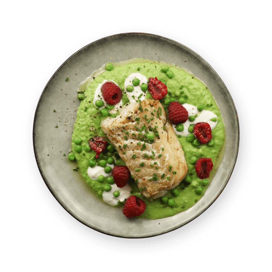 Cabillaud, petits pois & framboises