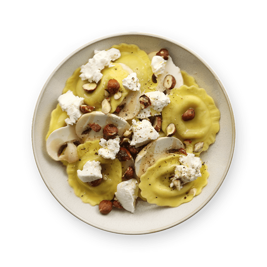 Ravioli aux champignons, chèvre frais & noisette