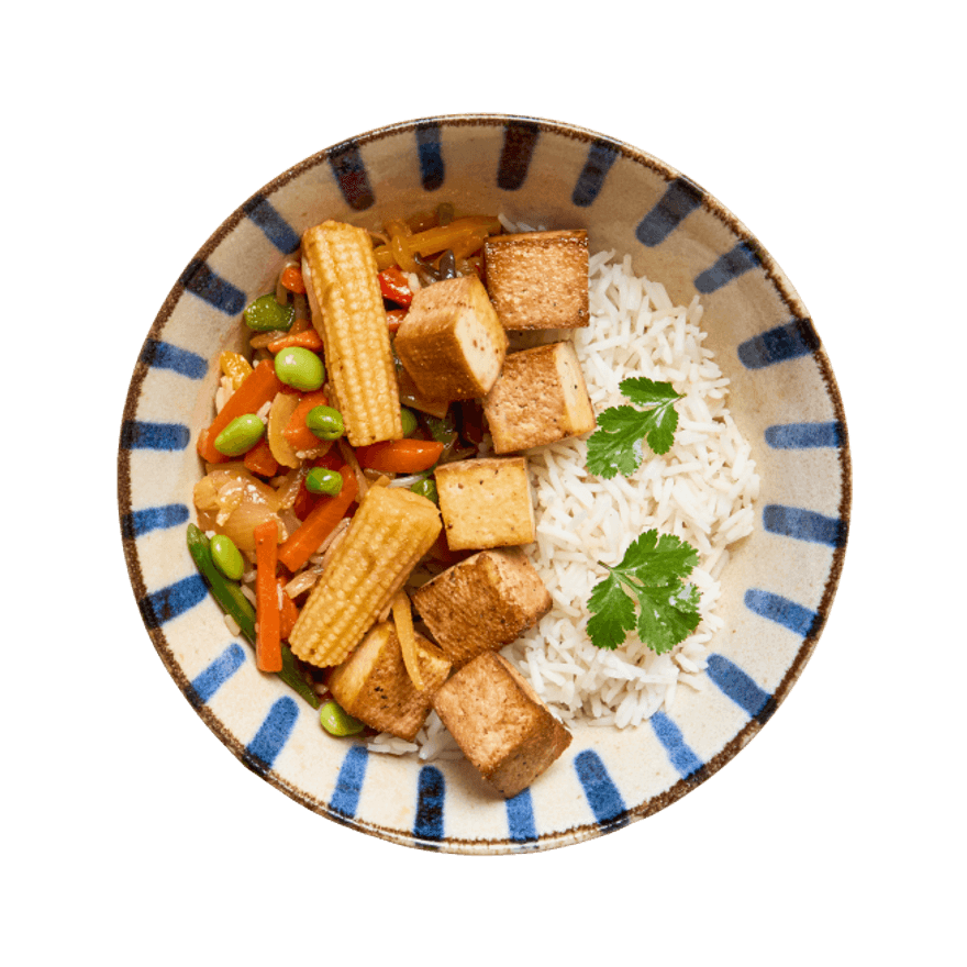 Tofu, poêlée de légumes à l'asiatique & riz