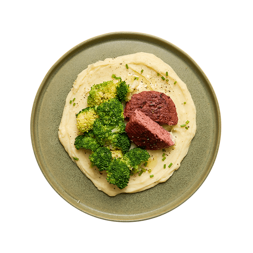 Steak végé, purée aux fines herbes & brocolis