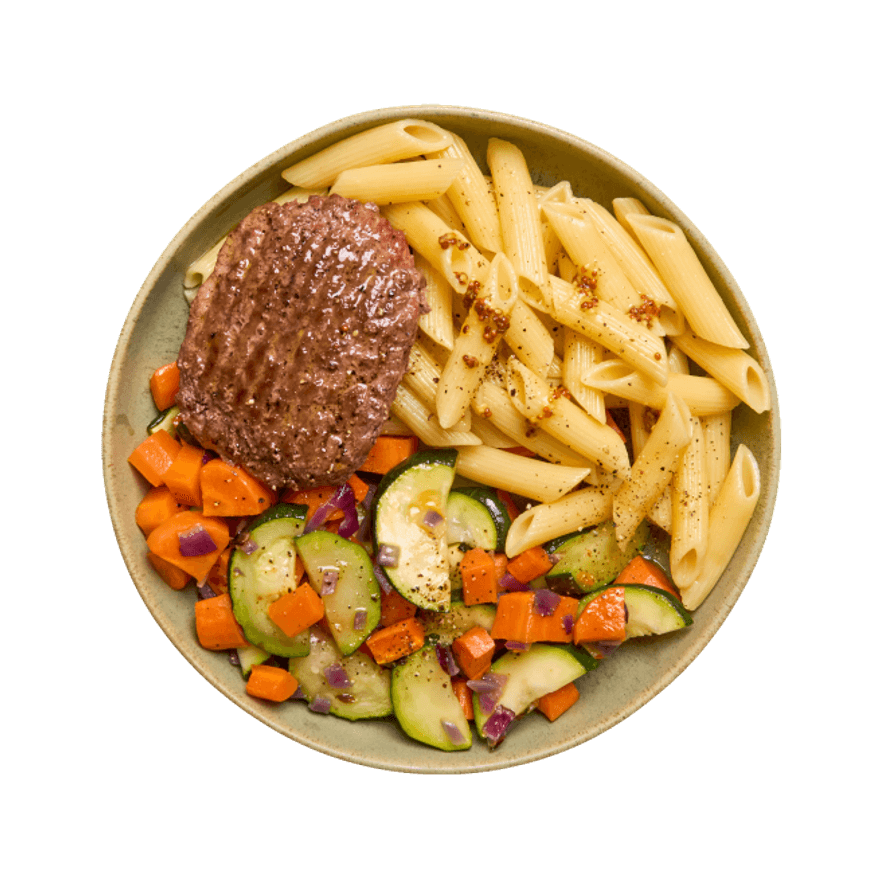 Steak haché, penne & légumes rôtis