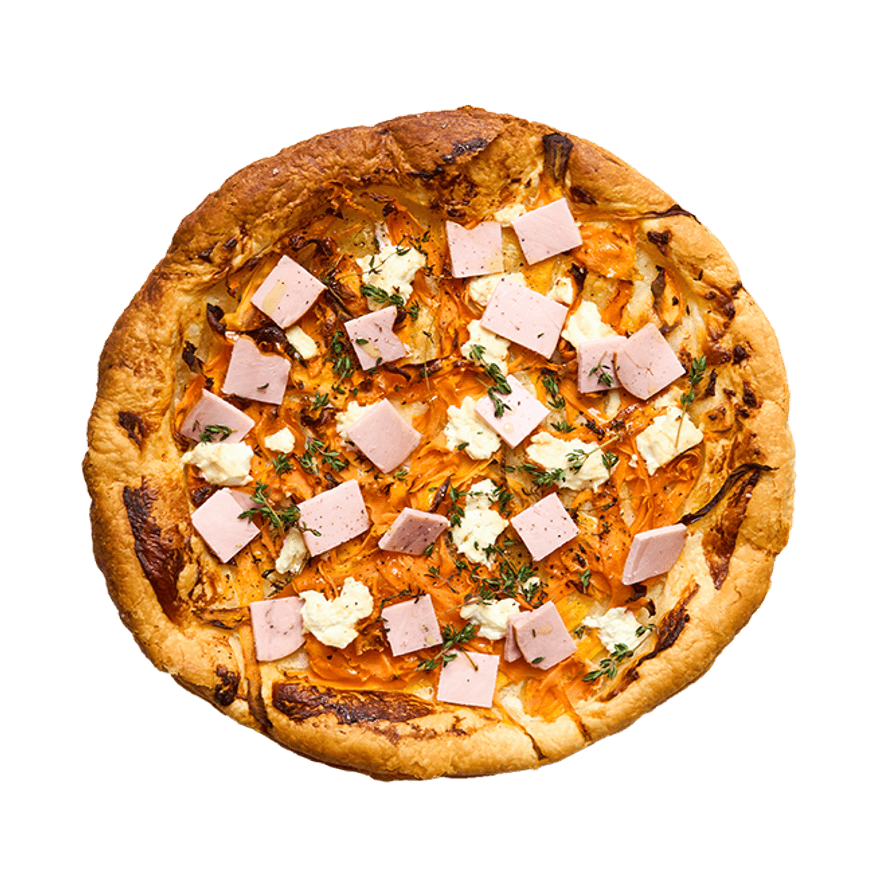 Tarte fine au chèvre frais & rôti de porc