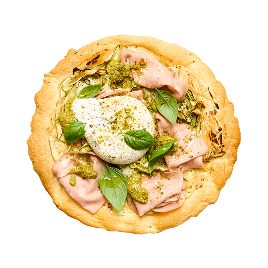 Tarte fine mortadelle, burrata & pistaches