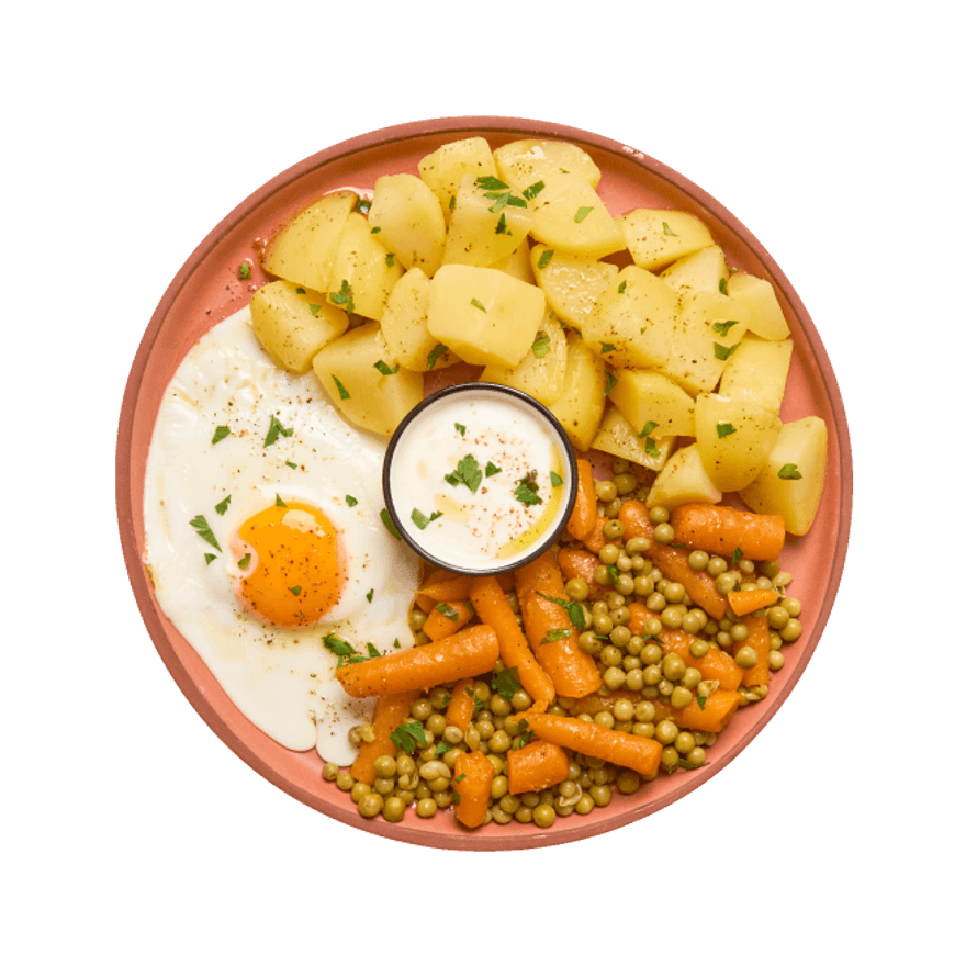 Œuf, petits pois carottes & pommes de terre