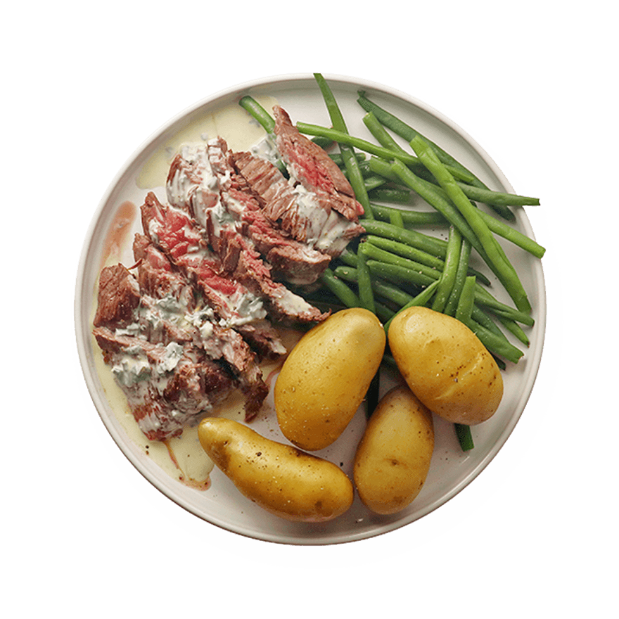 Bavette au roquefort, pommes de terre & haricots