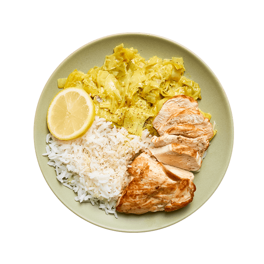 Poulet, fondue de poireaux au curry & riz