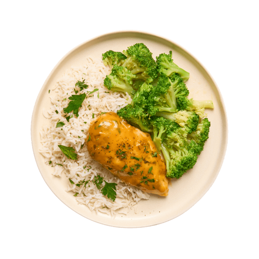 Poulet laqué à la confiture d'abricot, riz & brocolis